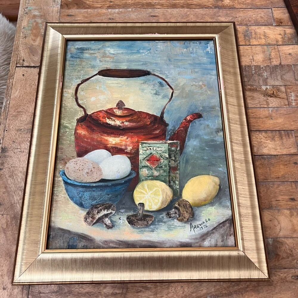 Framed Oil Canvas Still Life Painting 19.5 x 15.5 signed "Arevalo 1976"